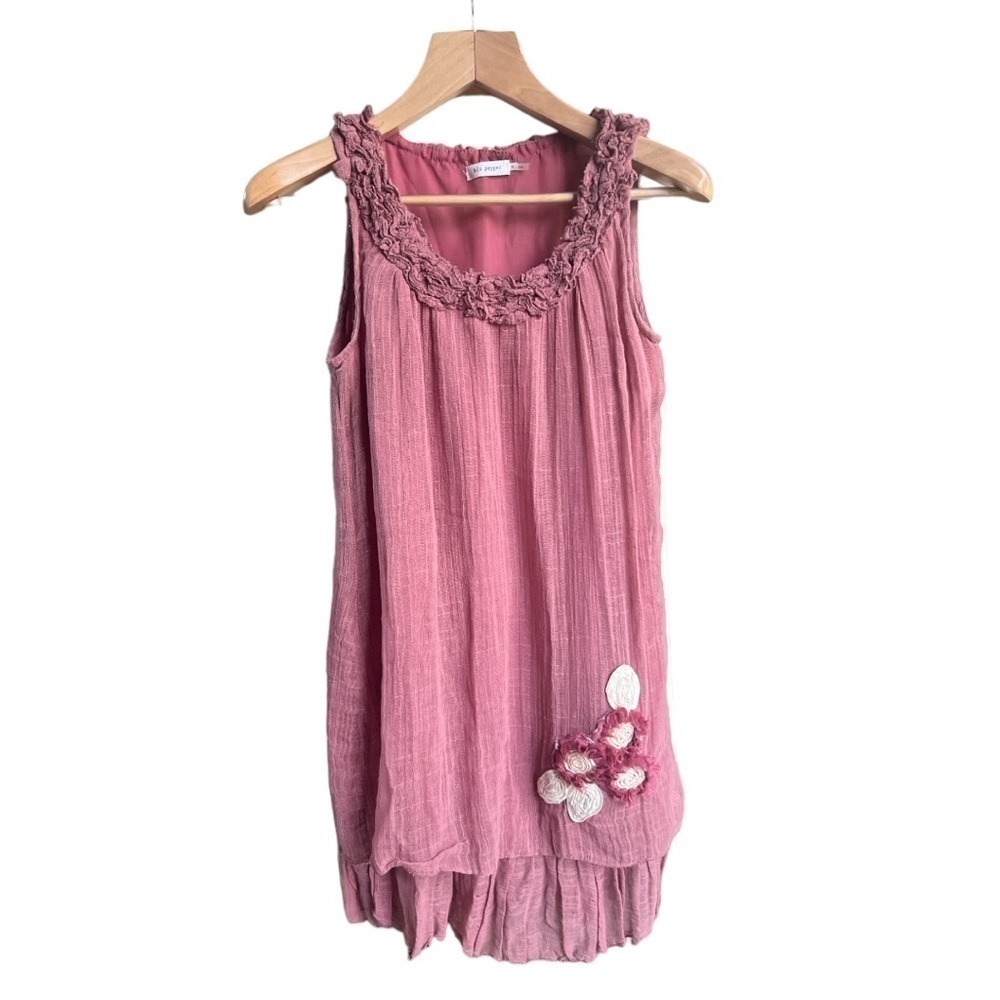 Blu Pepper Women’s Mauve Airy Gauze Cotton Tunic Dress Floral Appliqué, Small